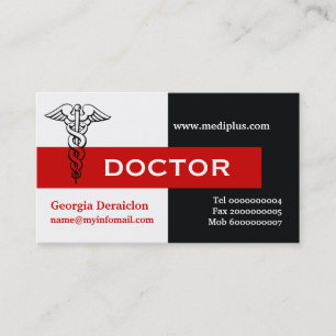 Tarjeta De Visita Médico Caduceus minimalista negro, blanco, rojo