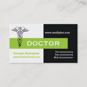 Tarjeta De Visita Médico Caduceus minimalista negro, blanco, verde