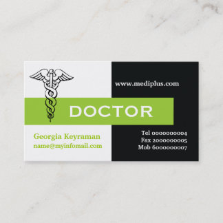 Tarjeta De Visita Médico Caduceus minimalista negro, blanco, verde