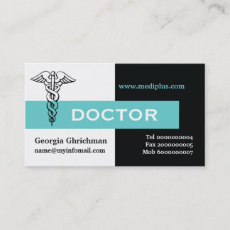 Tarjeta De Visita Médico de Caduceus negro minimalista, blanco, aqua
