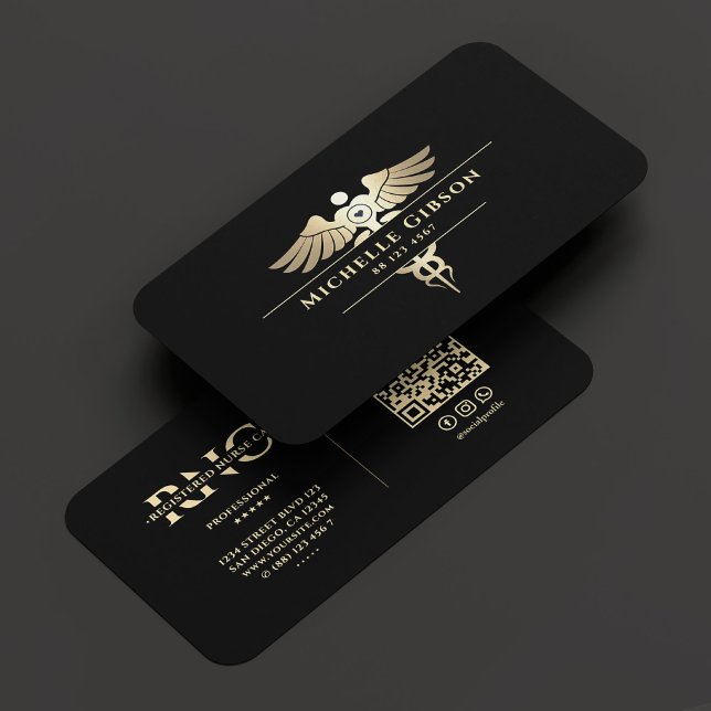 Tarjeta De Visita Médico médico de enfermería Caduceus Elegant Black (Nurse Medical Doctor Caduceus Elegant Black Gold Business Card
)