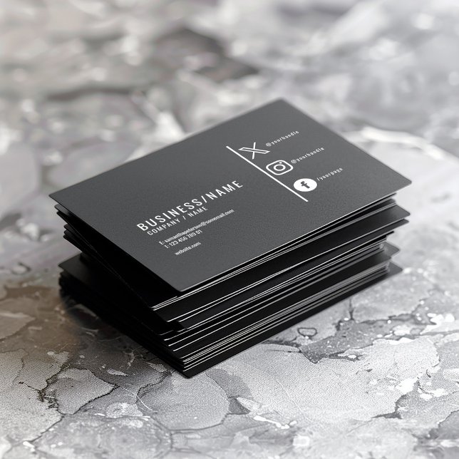 Tarjeta De Visita Medios sociales modernos, en blanco y negro (Modern black business cards, a simple white logo that says "Business name" and social media icons)