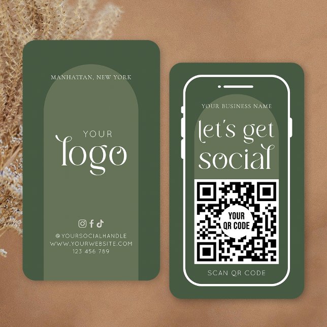 Tarjeta De Visita Medios sociales QR Code Boho Sage Green Moderne Lo (Modern sage green QR code business cards with your logo and scannable URL code)