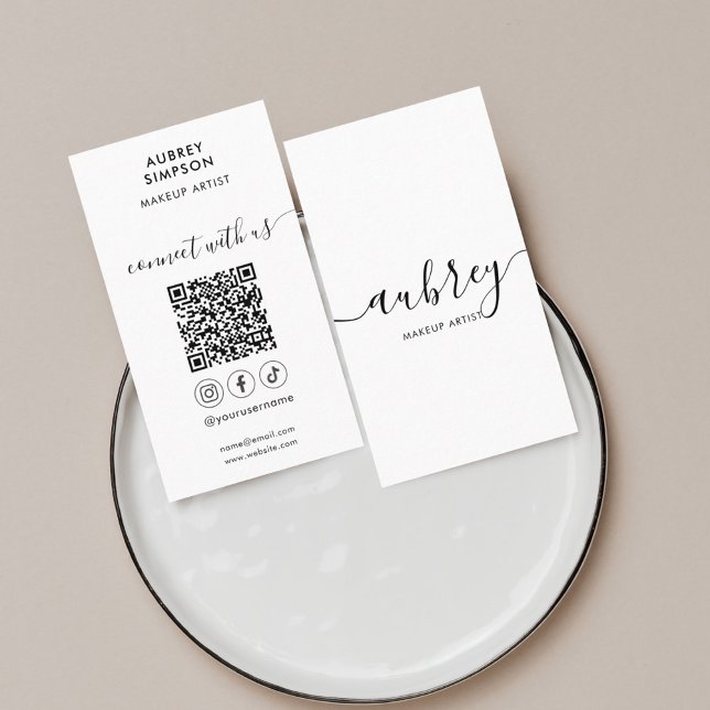 Tarjeta De Visita Medios sociales QR Code Girly Calligraphy White (Subido por el creador)