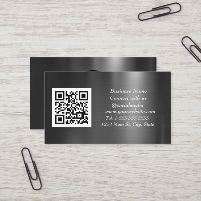 Tarjeta De Visita Medios sociales QR Código Escaneado Black Metallic (Anverso/Reverso In Situ)