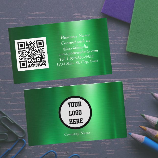 Tarjeta De Visita Medios sociales QR Código Metálico Verde Escaneado (Subido por el creador)