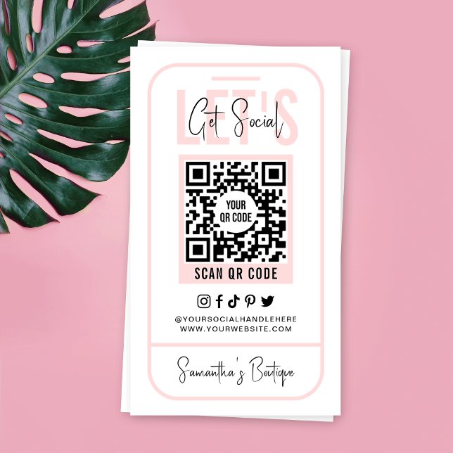Tarjeta De Visita Medios sociales QR Código rosa femenino moderno (Trendy QR code business cards in blush pink and white with phone outline design and editable text)