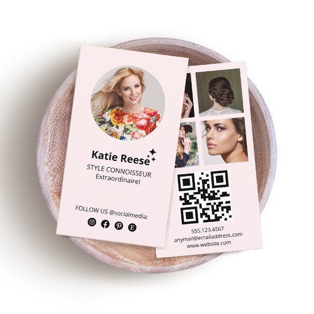 Tarjeta De Visita Medios sociales rosados, cuadrícula fotográfica, c (pink 3 photo grid instagram social media networking business card with QR code)