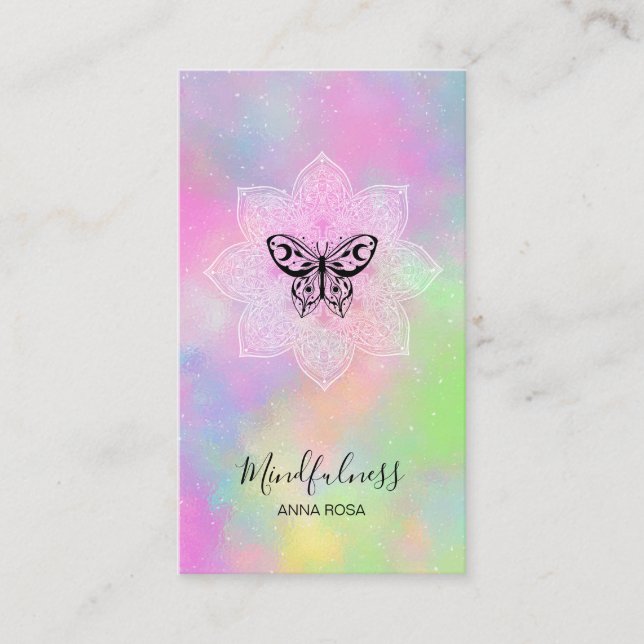 Tarjeta De Visita *~* Meditación Mentitud Mandala Mariposa Yoga (Anverso)