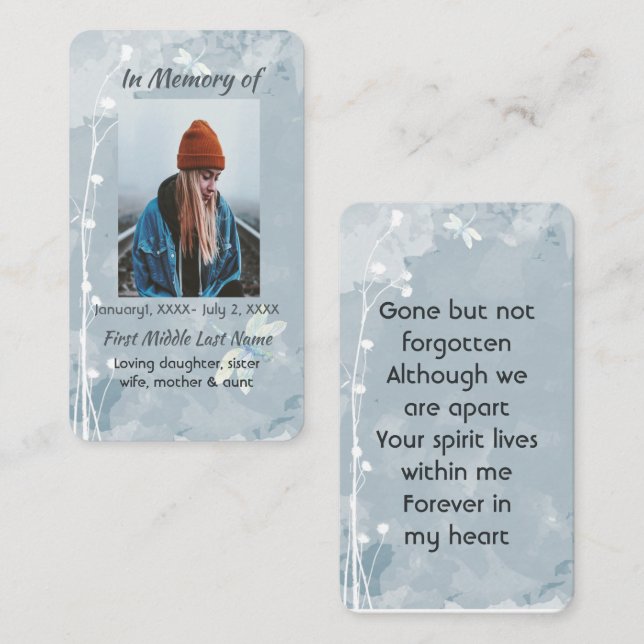 Tarjeta De Visita Memoria conmemorativa Keepsake Flor blanca libélul (Anverso / Reverso)