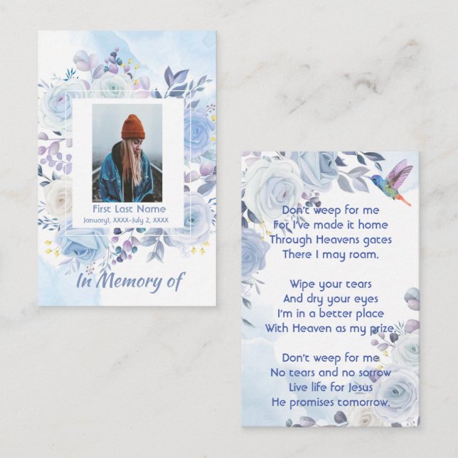 Tarjeta De Visita Memoria cristiana Keepsake Hummingbird Rosas azule (Anverso / Reverso)