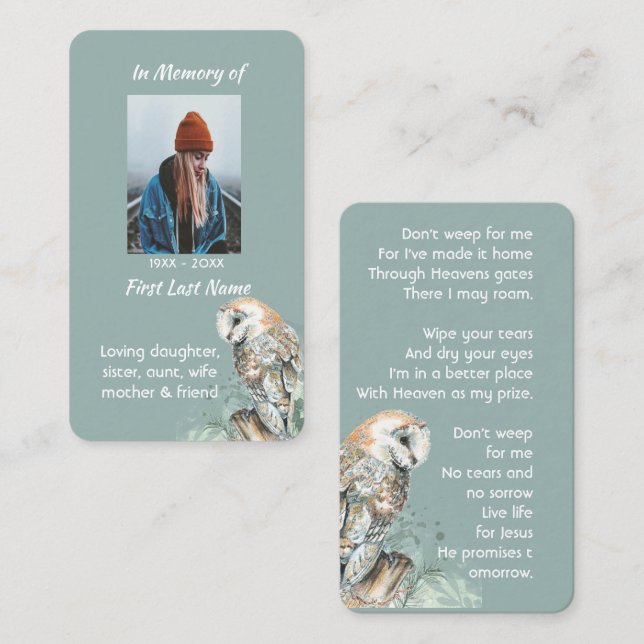 Tarjeta De Visita Memoria cristiana memoria acuarela ave de búho (Anverso / Reverso)