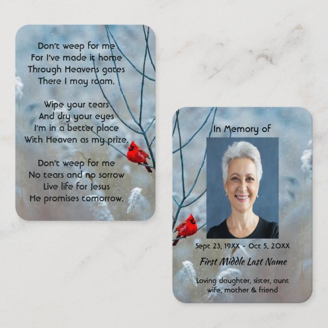 Tarjeta De Visita Memorial cristiano Keepsake Cardinal Red Bird (Anverso / Reverso)