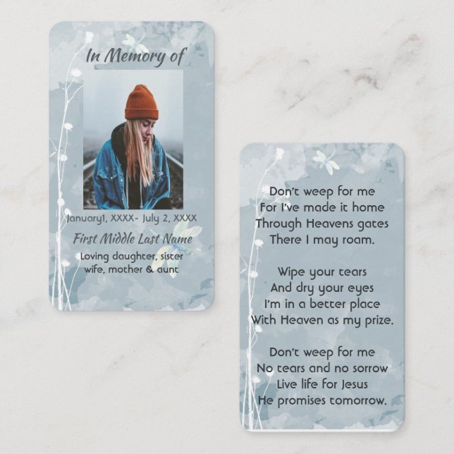 Tarjeta De Visita Memorial cristiano Keepsake Flor blanca (Anverso / Reverso)