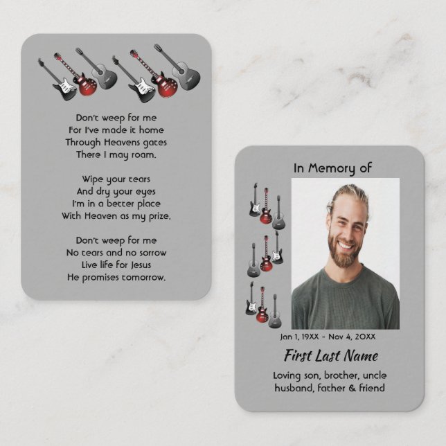 Tarjeta De Visita Memorial cristiano Keepsake Música de guitarra (Anverso / Reverso)