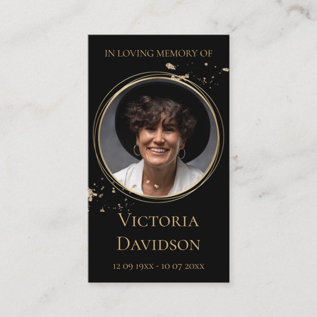 Tarjeta De Visita Memorial Funeral Foto Oración Marco Redondo Dorado (Anverso)