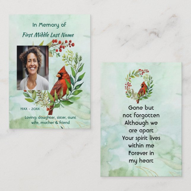 Tarjeta De Visita Memorial Keepsake Cardinal Bird (Anverso / Reverso)