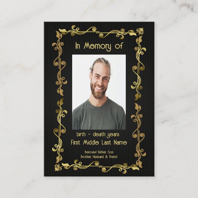 Tarjeta De Visita Memorial Keepsake Classic Black Gold (Anverso)