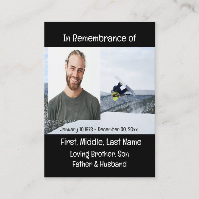 Tarjeta De Visita Memorial Keepsake Embarque de nieve (Anverso)