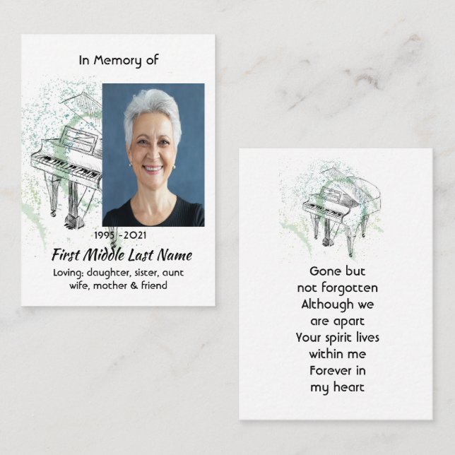 Tarjeta De Visita Memorial Keepsake Photo Prayer Piano Musician (Anverso / Reverso)