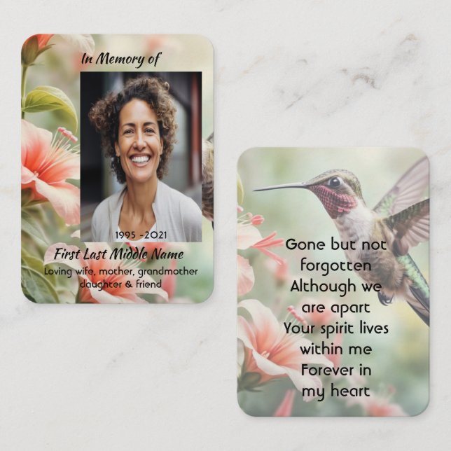 Tarjeta De Visita  Memorial Photo Keepsake Hummingbird (Anverso / Reverso)