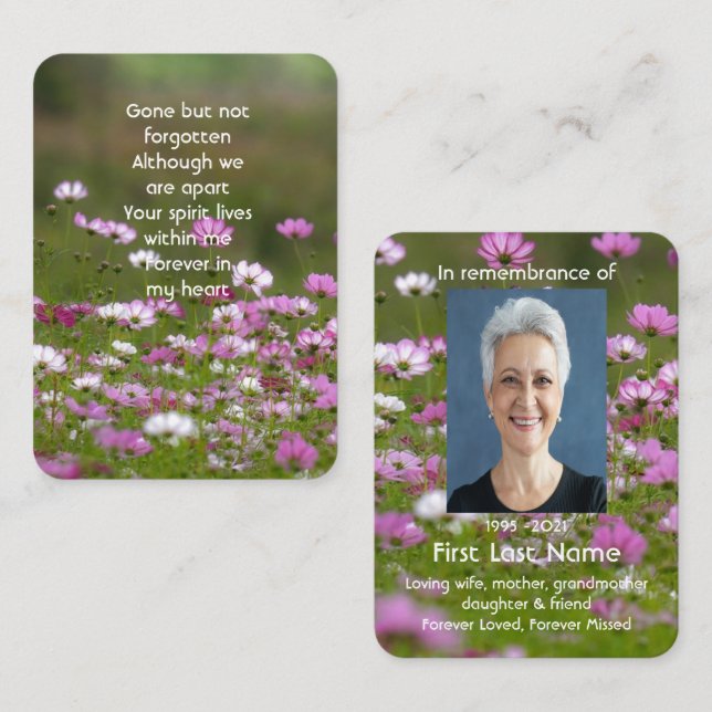 Tarjeta De Visita Memorial Photo Prayer Beautiful Wild Cosmos Flower (Anverso / Reverso)