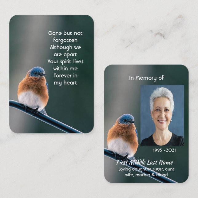 Tarjeta De Visita Memorial Photo Prayer Bluebird Garden Bird  (Anverso / Reverso)