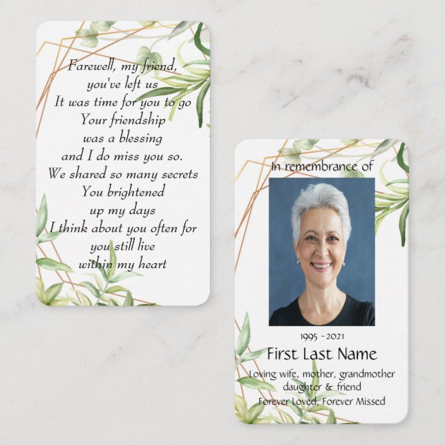 Tarjeta De Visita Memorial Photo Prayer Farewell My Friend  (Anverso / Reverso)