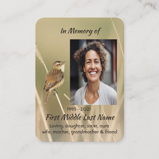 Tarjeta De Visita Memorial Photo Prayer Little  Bird Garden Nature  (Anverso)