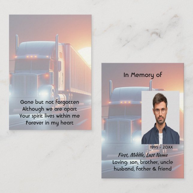 Tarjeta De Visita Memorial Photo Prayer Semi-Truck Tractor-trailer  (Anverso / Reverso)