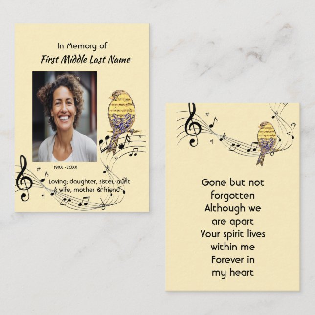 Tarjeta De Visita Memorial Pocke Keepsake  Music Bird (Anverso / Reverso)