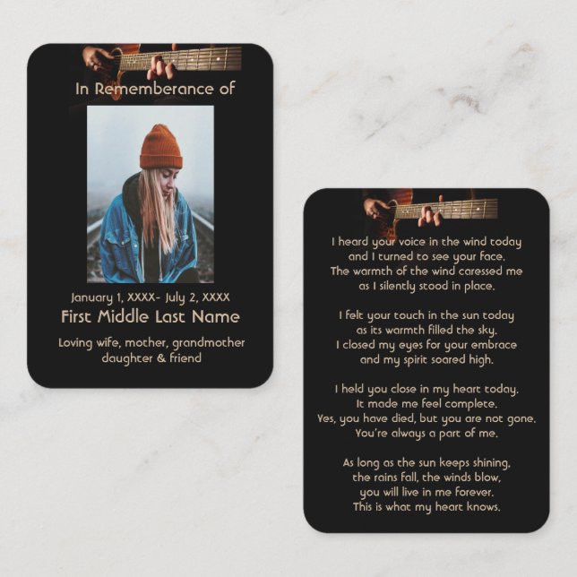 Tarjeta De Visita Memorial Pocket Keepsake Guitar Music (Anverso / Reverso)