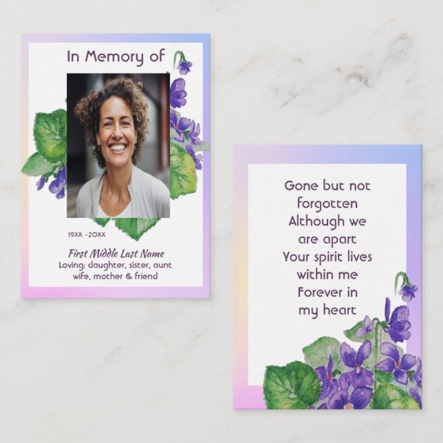 Tarjeta De Visita Memorial Remembrance Watercolor Wild Violet (Anverso / Reverso)
