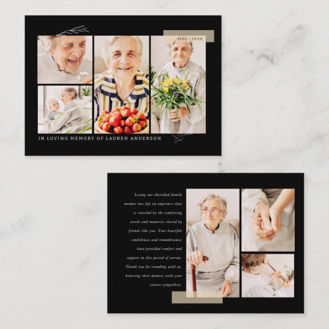 Tarjeta De Visita Memorial Simple Moderno 7 Photo Grid Gracias (Anverso / Reverso)