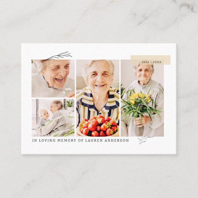 Tarjeta De Visita Memorial Simple Moderno 7 Photo Grid Prayer (Anverso)