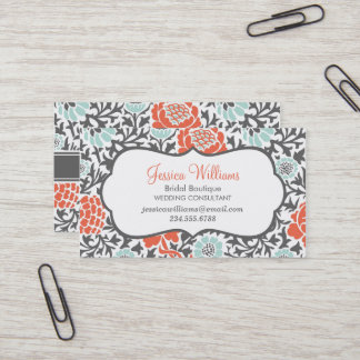 Tarjeta De Visita Menta gris y damasco floral catorce de coral
