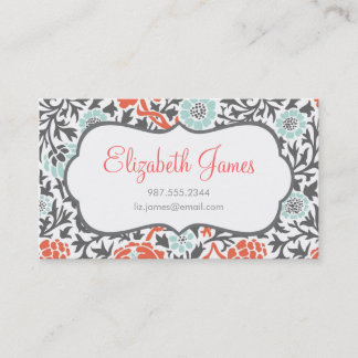 Tarjeta De Visita Menta gris y damasco floral catorce de coral