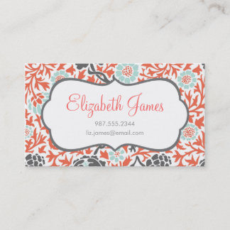 Tarjeta De Visita Menta gris y damasco floral catorce de coral