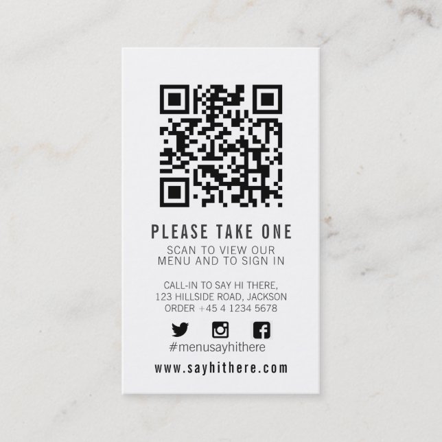 Tarjeta De Visita Menú de código Qr exploración blanco negro simple (Anverso)