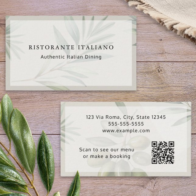 Tarjeta De Visita Menú de código QR moderno y elegante de restaurant (A customizable business card template for an Italian restaurant, with olives design and QR code)