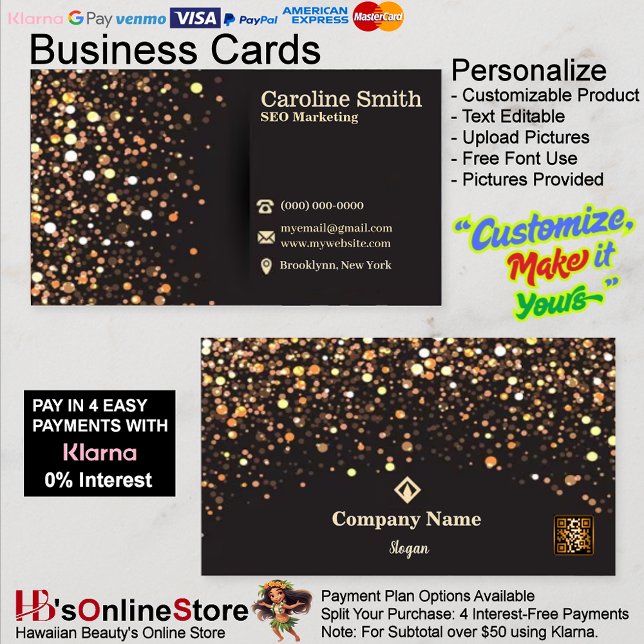 Tarjeta De Visita Mercadeo SEO Código QR Elegante de Purpurina Dorad (SEO Marketing Elegant Gold & Black Glitter QR Code Business Card 34.)