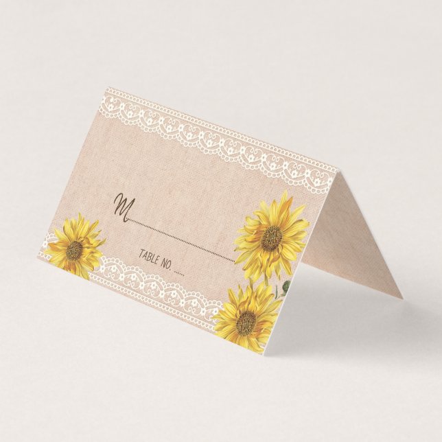 Tarjeta De Visita Mesa Boda Rústica Lace & Burlap Sunflowers No. (Anverso)
