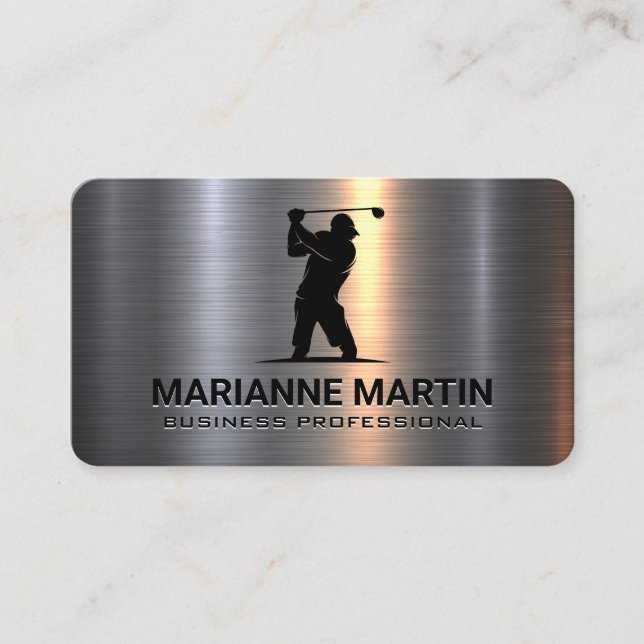 Tarjeta De Visita Metal Aluminum Silver | Golfer Swinging (Anverso)