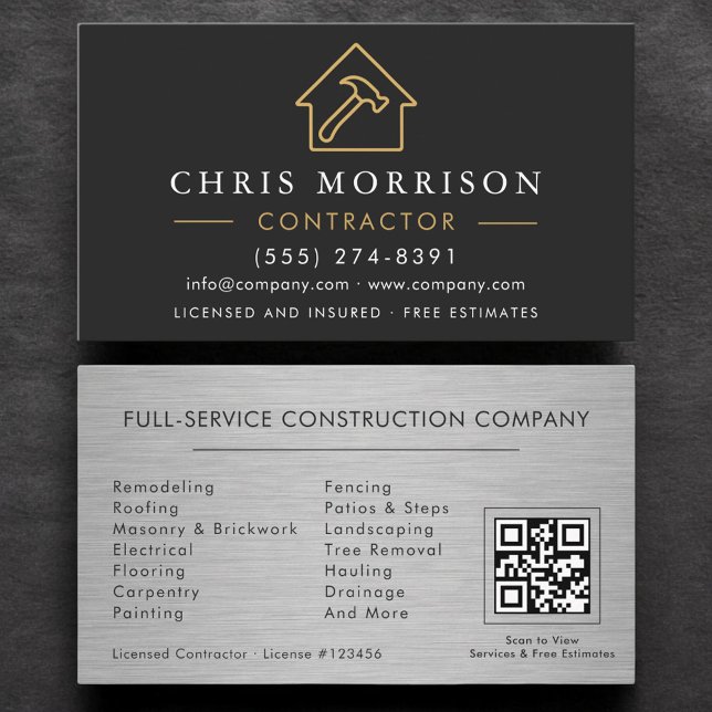 Tarjeta De Visita Metal Building Construction Black Gold QR Code (Subido por el creador)