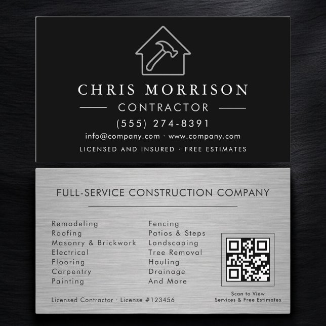Tarjeta De Visita Metal Building Construction Black Silver QR Code (Subido por el creador)
