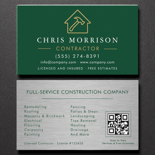 Tarjeta De Visita Metal Building Construction Green Gold QR Code (Subido por el creador)