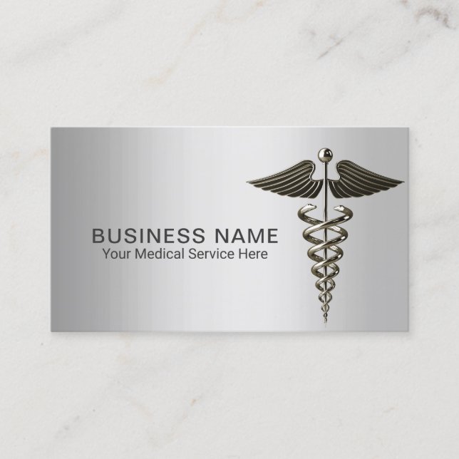 Tarjeta De Visita Metal elegante del caduceo de plata médico (Anverso)