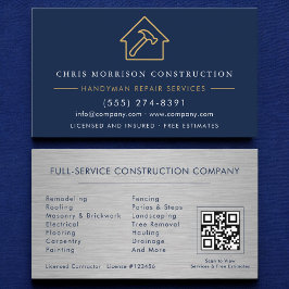Tarjeta De Visita Metal Handyman Construction Navy Blue Gold QR Code