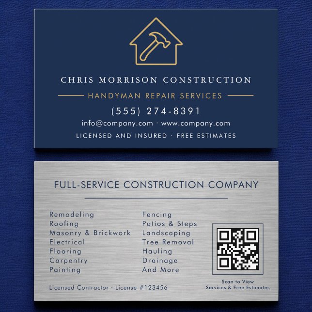 Tarjeta De Visita Metal Handyman Construction Navy Blue Gold QR Code (Subido por el creador)