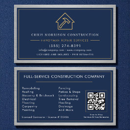 Tarjeta De Visita Metal Handyman Navy Blue Gold QR Code 